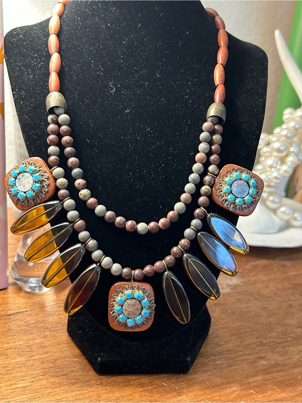 Lenora Dame Haute Bohemian wood and crystal statement necklace